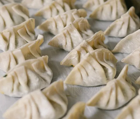 A tray of handmade dumplings.