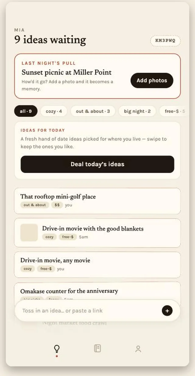 The Ideas tab in Memori: a shared list of date ideas, filter chips, and the composer to toss in a new one.