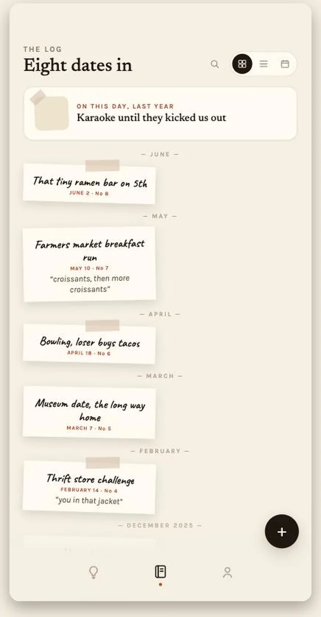The Log tab: a timeline of past dates as handwritten memory cards, month by month.