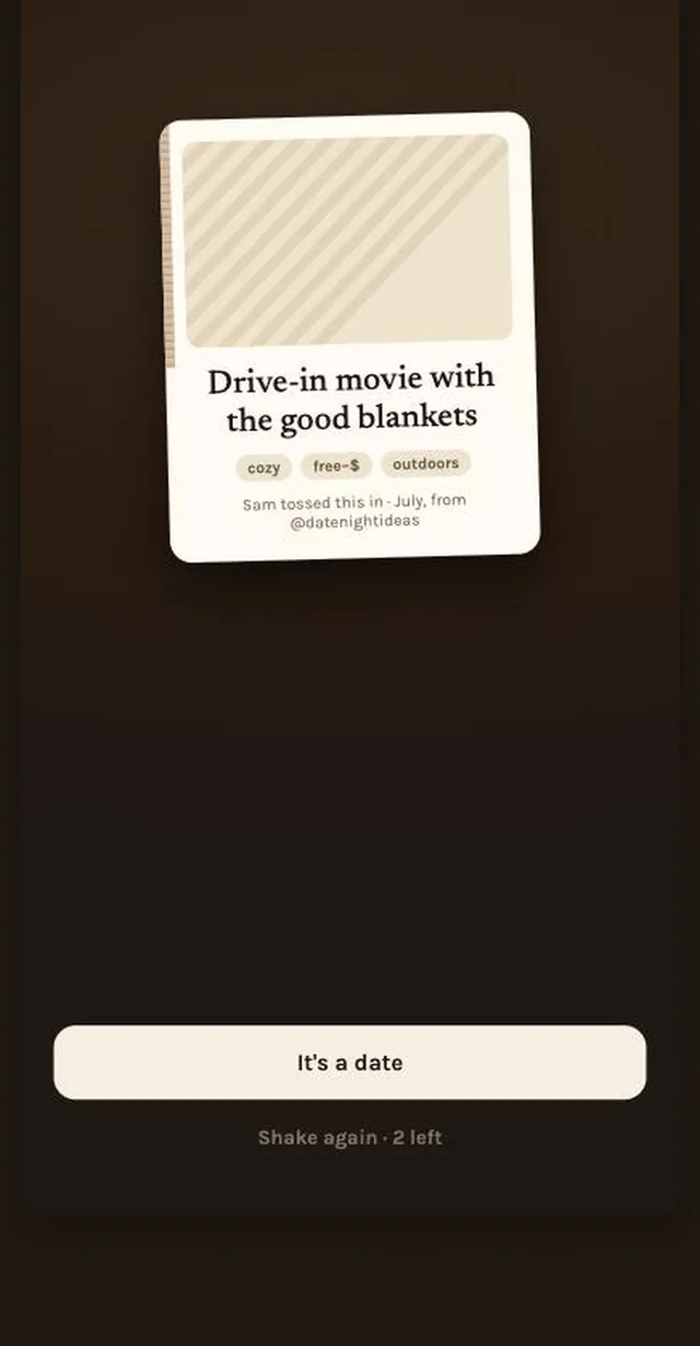The pull screen: a drawn idea card with its tags, and buttons to lock it in or shake again.